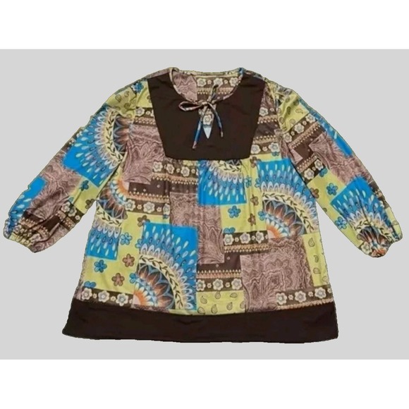 Tops - Patchwork Print Tunic Top Blouse Brown Blue Green Long Sleeve Bohemian Style